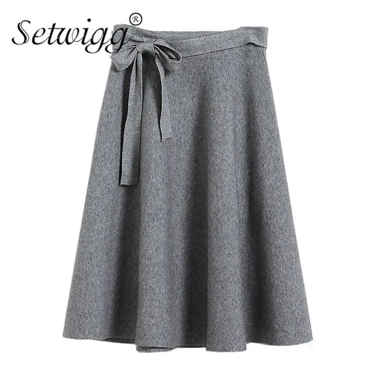 Autumn Cashmere Blend Knitted Midi Skater Skirts Bowknot Gray Wool A-line Winter Knit Skirts